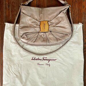 Salvatore Ferrragamo Bronze Pleated Bow Hobo Shoulder Bag Vintage Pebble Leather